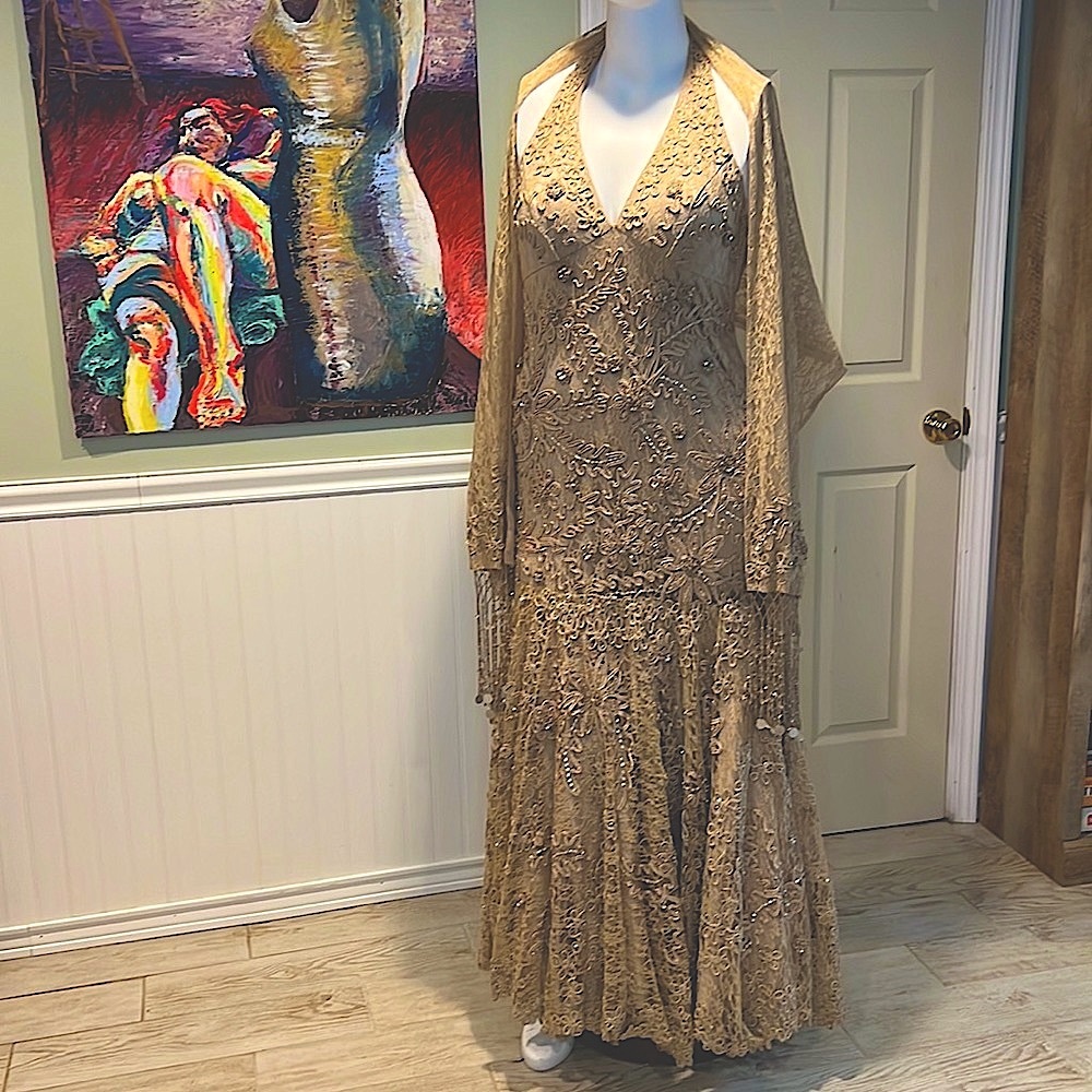 LUX Sue Wong Nocturne Lace Mermaid Gown Embroidery Sequins Pearls Matching Shawl